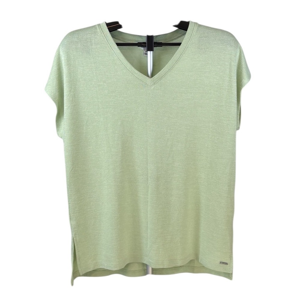 Orvis Womens Sage Green V-Neck Knit Top‎ Short Sleeve Side Slit Size Medium